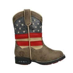 Even the little cowpokes can have a patriotic side. These cute boy's Patriot boots feature a faux leather upper with fabric linings and a brown vamp with a 6 1/2" flag design shaft. They are comfortable with an EVA cushioned footbed and lightweight flexible PVC outsole. The kids will love the motion light system on the bottom of this western light up boot. They have an inside zipper so they are easy to get on and off. Size: 7.  Gender: male.  Age Group: toddler. Round Toe Cowboy Boots, Brown Casual Boots, Motion Light, Boots Mid Calf, Light System, High Quality Shoes, Western Cowboy Boots, Boy Blue, Flag Design