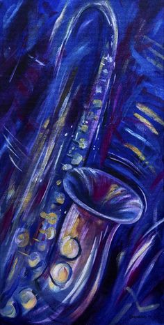 a painting of a saxophone on a blue background