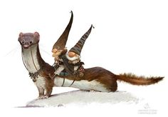 a ferret with two gnomes riding on it's back and one sitting on top of the other