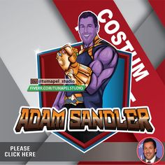 an ad with the name adam sandler on it and a man holding a baseball glove