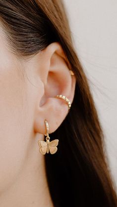 Gold Earrings Butterfly, Trendy Hoop Earrings With Butterfly Charm As Gift, Dainty Butterfly Charm Earrings, Butterfly Charm Huggie Earrings As Gift, Gift Butterfly Charm Huggie Earrings, Cute Gold Huggie Earrings, Dainty Huggie Jewelry With Butterfly Charm, Dainty Hoop Earrings With Butterfly Charm, Dainty Huggie Earrings With Butterfly Charm