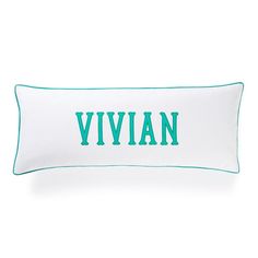 a white and green pillow with the word vivien in blue letters on it