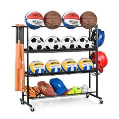 a rack with balls and sports equipment on it