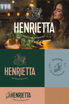 the logo for henrietta is shown in three different colors and font styles,