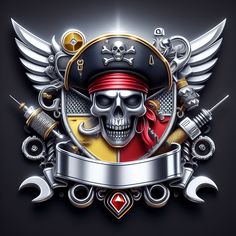 a skull wearing a pirate's hat with two swords and wings on top of it