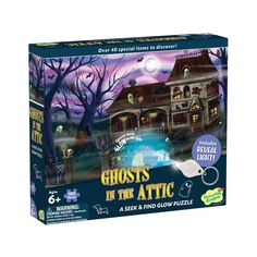 a puzzle box with an image of a ghost in front of a house at night