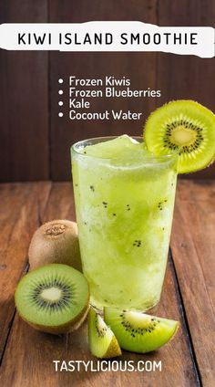 kiwi island smoothie recipe with frozen kiwis, frozen blueberries and coconut water