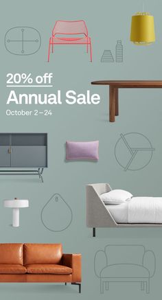 an advertisement for the 20th annual sale with furniture and accessories on display in front of a gray background