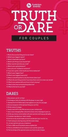 the truth or dare for couples book is shown in red and black, with an image of