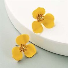 Yellow Sunrise Blossom Sweet Earrings-Fashion Earrings-StylinArts Small Flower Earrings, Sweet Earrings, Daisy Studs, Camellia Flower, Floral Studs, Blossom Design, Simple Flowers, Enamel Flower, Flower Earrings Studs