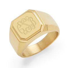 The Men's Gold Plated Stainless Steel Square Signet Ring shows an engravable flat square section on top  measuring 1/2 inch wide. Stylish and elegant for everyday wear. Modern Rectangular Signet Ring For Promise, Modern Rectangular Signet Promise Ring, Modern Rectangular Engraved Ring With Polished Finish, Modern Personalized Rectangular Jewelry, Classic Rectangular Signet Ring With Initials, Classic Engraved Rectangular Initial Ring, Classic Rectangular Initial Ring For Wedding, Minimalist Engraved Rectangular Ring For Formal Occasions, Minimalist Rectangular Engraved Ring For Formal Occasions