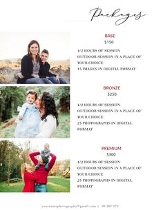 the pricing sheet for this family session is shown in black and white, with three different photos