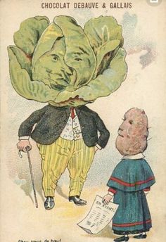 an old postcard shows a man with a giant cabbage head on his head