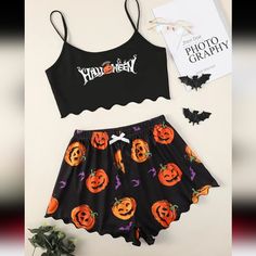 New Boutique Halloween Jack O Lanterns Pumpkins Lettuce Pj Pajama Short Set L Crop Top And Shorts With Some Stretch Festive Fall Autumn Spooky Season Baby Christening Outfit, Kids Winter Jackets, Baby Outerwear, Organic Baby Clothes, Pumpkin Print, Crop Top And Shorts, Womens Pyjama Sets, Kids Outerwear