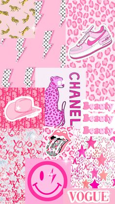 a collage of pink and white images with the words, shoes, hats, and other items