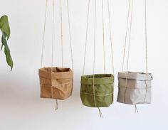 three bags hanging from strings in front of a white wall with a plant on the other side