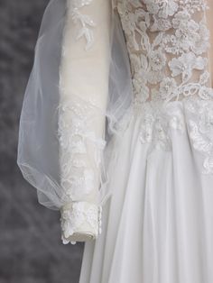 the back of a wedding dress with sheer sleeves