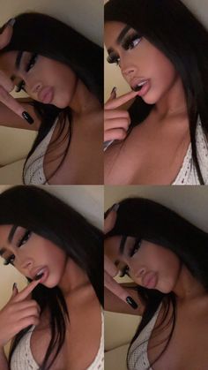 four pictures of a woman brushing her teeth