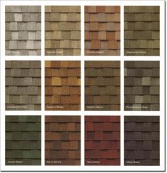 the different types of roofing shingles in various colors and sizes, including brown, green