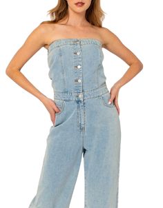 Strapless button down denim jumpsuit Model is wearing a size small Model specs: Height 5'10" Bust 32 Waist 25 Hips 35" Fabric 80% Cotton 20% Polyester Milly Dress, Swimsuit Cover Ups, Denim Jumpsuit, Swimsuit Cover, Light Denim, Blazer Dress, Jumpsuit Dress, Sofia, Blazer Jacket