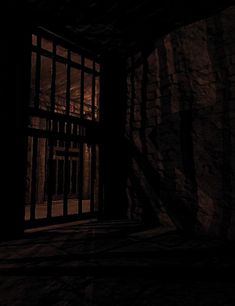 an empty jail cell with bars on the door and light coming in from behind it