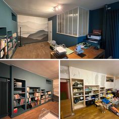 three different pictures show the inside of a room with bookshelves and other items