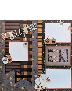 two scrapbook pages decorated with halloween themed paper and pumpkins on the page, along with an embellishment