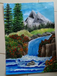 a painting of a mountain river and trees on a tile wall with red flowers in the foreground