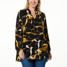 Colleen Lopez Collared Tunic with Gathered Sleeves    This tunic gives you endless style and wear all season long. Top it over your favorite staples for seamless elegance. Printed Tunic Blouse For Fall, V-neck Tunic For Work In Fall, Versatile Spring Tunic, Chic V-neck Tunic For Fall, Chic Tunic Top For Fall, Chic Fall Tunic Top, Chic Tunic Blouse For Fall, Chic Printed Tunic Tops, Versatile Fall Tunic