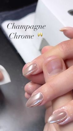 Instagram Champagne Nails With Chrome, Chrome Winter Nails 2024, Fall Nails With Pearl Chrome, Coconut Chrome Nails, Champagne Acrylic Nails Classy, Engagement Nails Chrome, Chrome Fade Nails, Stone Chrome Nails, How To Put Chrome Powder On Nails