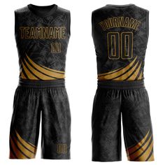 a black and gold basketball uniform with the words team name 00 written on it's chest