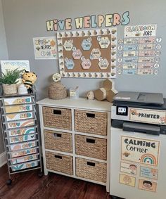 a room filled with lots of different items and decor on the wall above it is a dresser