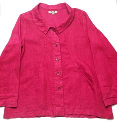 Brand: FLAX Size: M Condition: Pre-owned Flaws: None Description: Deep pink linen jacket/overshirt with 3/4 sleeves and Peter Pan collar. Relaxed fit, hits at hip. Casual Outerwear With Buttons And 3/4 Sleeves, Casual Outerwear With 3/4 Sleeve And Buttons, Deep Pink, Linen Jacket, Pink Linen, Peter Pan Collar, Peter Pan, Long Sleeve Blouse, Relaxed Fit