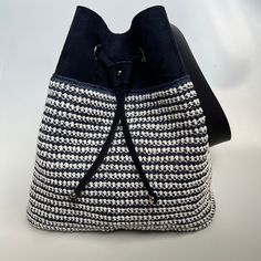 Knitted Navy-White Handbag,  Dark Blue Hand Woven Macrome Bag, Knitted Bag, Valentine's Mothers Day Gifts for her A chic bag is perfect for  both daily usage and special occasions.  Provides comfortable use as it has soft leather look straps. Add an eye-catching and stylish look to your outfit with this navy-white striped bag. It's handwoven, made of polyester macrome.  It is lined and has pockets. Materials: Macrome Colour: Navy-White Dimensions: Width: 40 cm, Height: 38 cm, Depth: 16 cm If you Everyday White Knitted Shoulder Bag, Knitted Bags For Everyday Use, White Crochet Bag For Daily Use, White Knitted Shoulder Bag For Everyday, Casual White Hand-knitted Bag, White Hand-knitted Crochet Bag, Casual White Hand Knitted Bag, White Hand Knitted Crochet Bag, White Everyday Bucket Crochet Bag