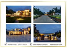 four different views of a house at night and in the middle of an open area