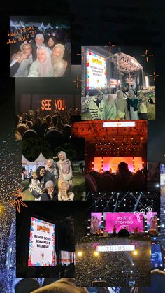 the collage shows many different pictures and people at night, with lights in the background