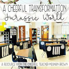 a classroom filled with desks and chairs in front of bookshelves on the wall