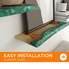 an image of a wood shelf with green paint on it and the text easy installation custom order