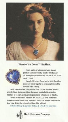 an advertisement for the ocean's necklace featuring a woman wearing a blue heart pendant