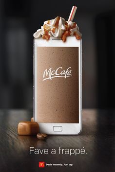 an advertisement for mcdonald's chocolate milkshake with whipped cream and caramel on top