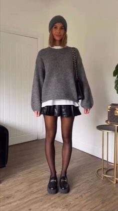 Fashion: #fashion, #style, #outfitinspiration, #beauty White T Shirt Under Sweater, Loafers And Tights Outfit, Outfit Short En Cuir, 50 Degrees Weather Outfit, Winter Outfits With Loafers, Skort Outfit Autumn, Coach Loafers Outfit, Black Skirt And Sweater Outfit, Chunky Oxfords Outfit