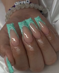 Teal French Tip Nails: 40+ Designs to Try this Month - Nail Designs Daily Coffin Teal Nails, Mint Teal Nails, Teal Vacation Nails, Terquas Nails, Torquise Nails French Tip, Teal And Green Nails, Teal Square Nails, Teal Nails Design, Teal Short Nails