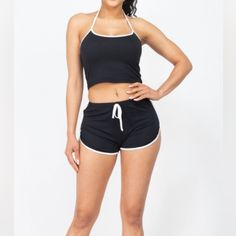 Halter Neck Sleeveless Top & Shorts Activewear Sets Soft & Light Weight High Stretch Jersey And Attractive. Perfect To Wear In Casual And Daily. 90% Of Customers Are Satisfied With Its Softness, Fit, And Easiness To Match. Model Is 5' 8" And Is Wearing A S. Casual Black Racerback Halter Top, Sporty Halter Neck Summer Activewear, Sporty Summer Activewear With Halter Neck, Sporty Summer Halter Neck Activewear, Black Summer Activewear For Loungewear, Sporty Sleeveless Halter Top For Yoga, Sporty Sleeveless Halter Top For Gym, White Sleeveless Activewear For Beach, Summer Sporty Halter Neck Activewear