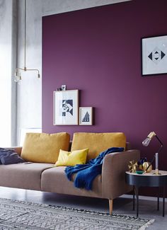 a living room with purple walls and yellow pillows on the couch, coffee table in front of it