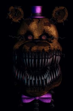 a creepy looking clown with big teeth and purple bowtie on it's head