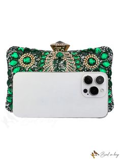 BirdinBag - Green Evening Clutch Bag with Glittery Chain and Rhinestone Embellishments Glamorous Embellished Bags, Glamorous Green Clutch Bag, Green Embellished Bag For Events, Embellished Green Evening Shoulder Bag, Green Rhinestone Party Evening Bag, Green Embellished Evening Shoulder Bag, Rectangular Crystal Embellished Bags, Glamorous Green Rectangular Clutch, Glamorous Green Event Bag