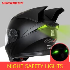 a helmet with green light on it and the words, night safety lights for motorcycle helmets