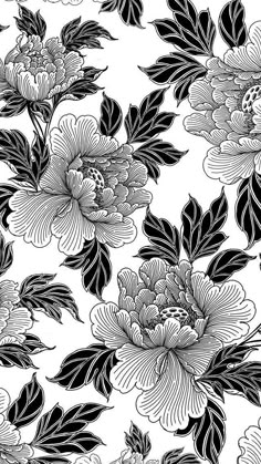 black and white flowers with leaves on a white background seamless wallpaper or fabric