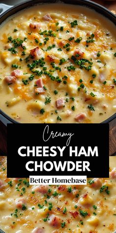 This Cheesy Ham Chowder is the ultimate comfort food for chilly days, combining the richness of cheese, savory ham, and tender potatoes into one delicious bowl.  With simple ingredients and easy-to-follow steps, you can create a hearty soup that will please the whole family. Ham Potato Cheddar Soup, Ham Cheddar Soup, Ham And Beer Cheese Soup, Ham And Cheese Chowder, Swiss Cheese Potato Soup, Ham And Potato Chowder Crockpot, Ham Leftovers Soup, Cheese Chowder Soup, Smoked Ham Soup Recipes