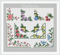 a cross stitch pattern with flowers and leaves